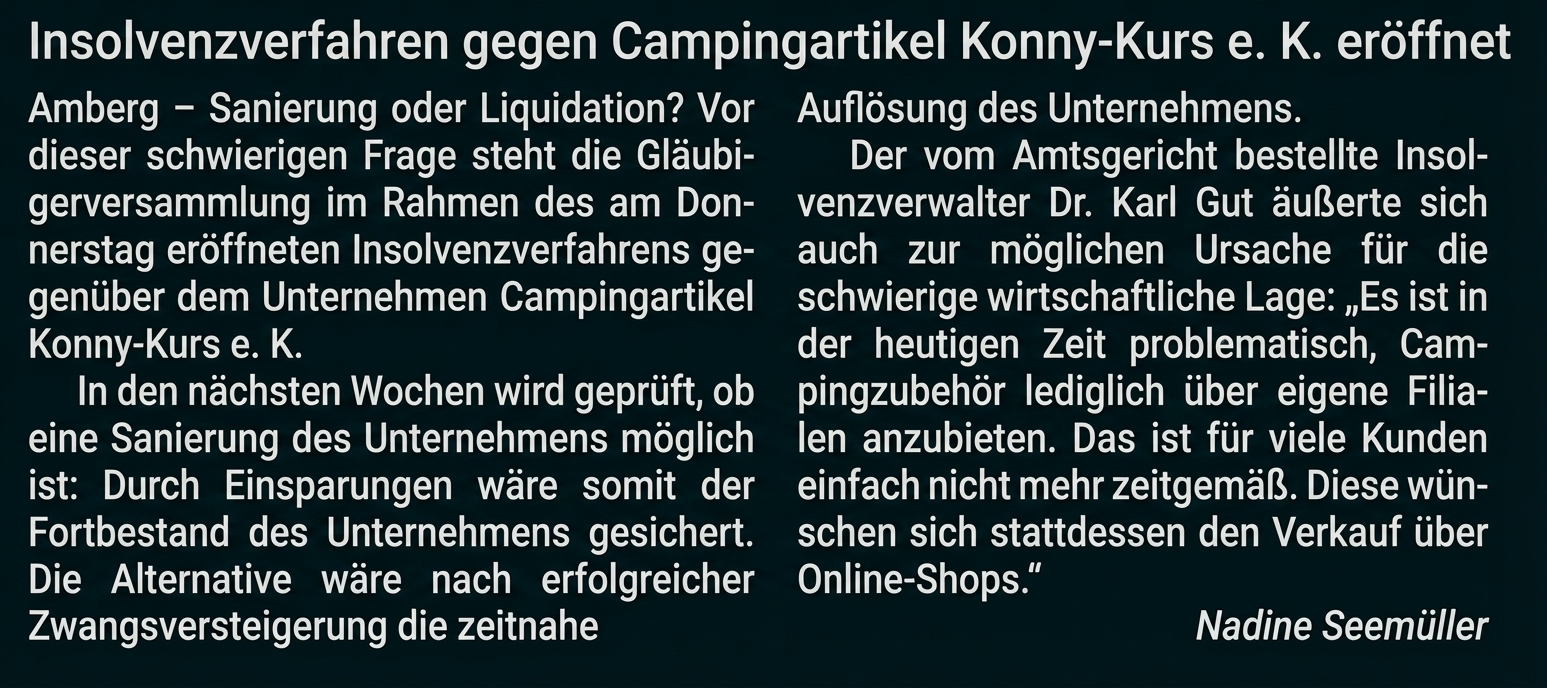 Zeitungsausschnitt: Artikel zur Eröffnung eines Insolvenzverfahrens gegen einen Campingartikel-Händler.
